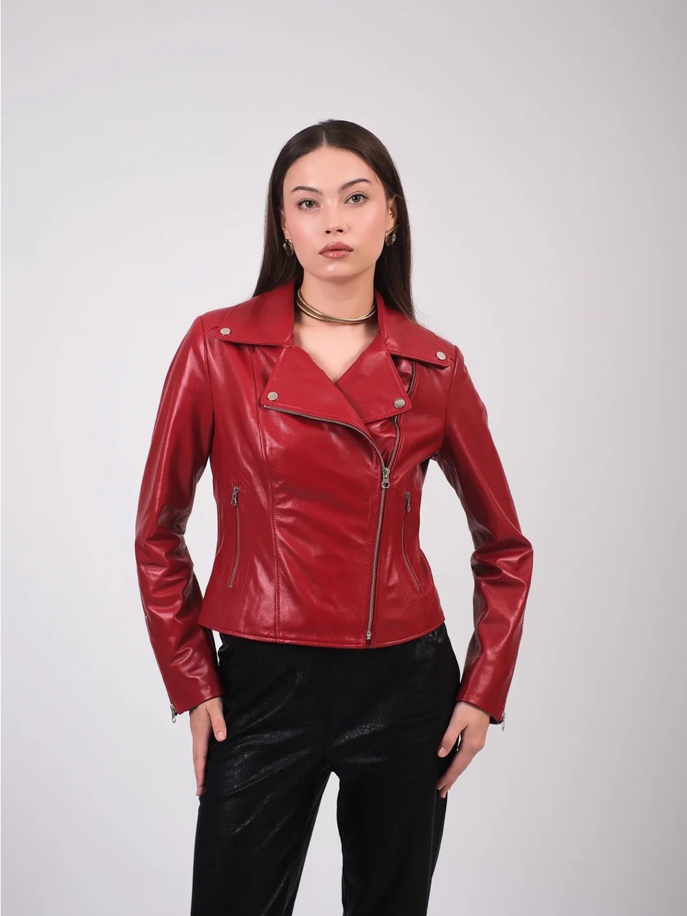 Furniq UK Red Genuine Leather Moto Jacket - Women's Stylish Biker Coat
